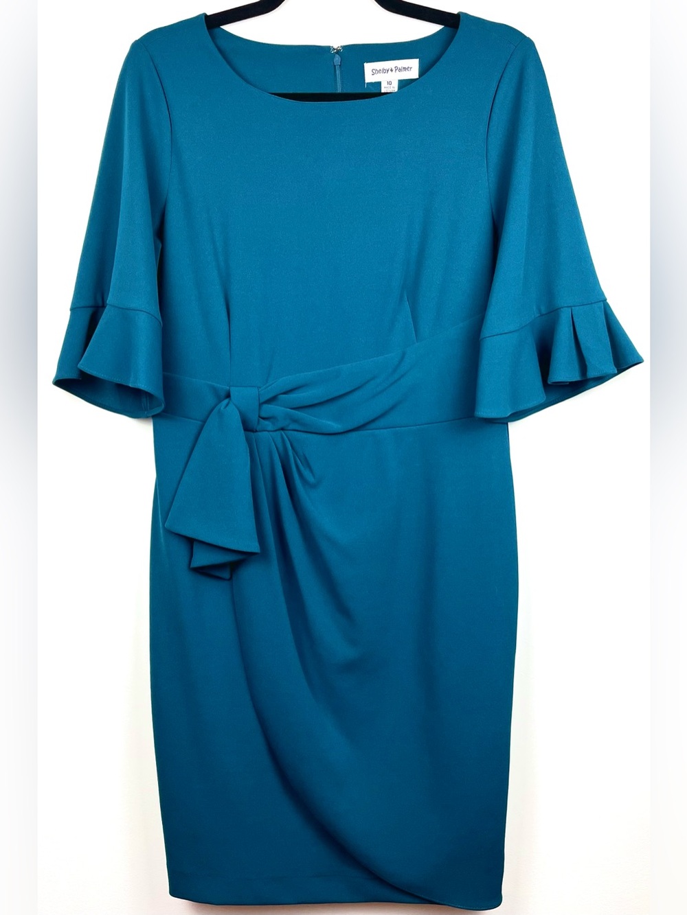 Shelby & Palmer Teal Ruffle Sleeve Tie Waist Sheath Dress Size 10 Career